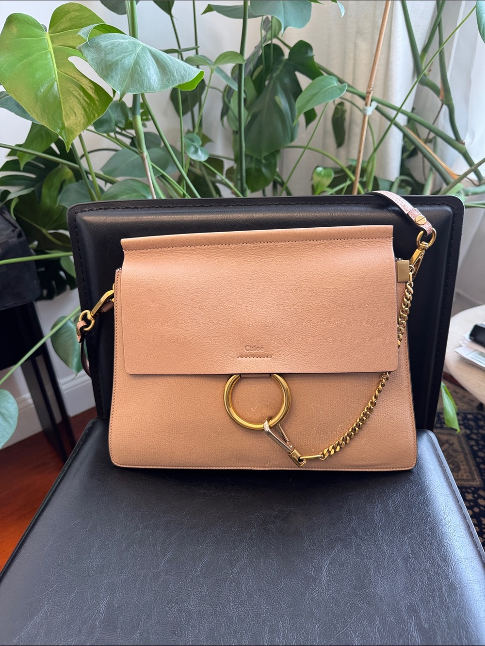 Chloe Peach-Tan Leather Shoulder Bag with Gold Ring